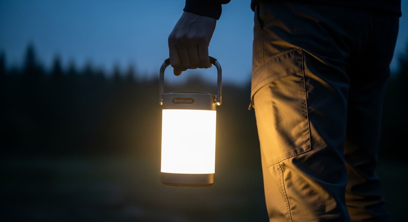 Person holding a portable solar lantern