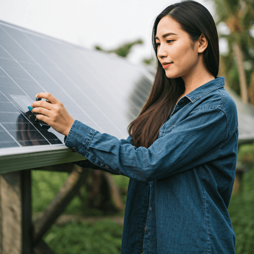 Woman using solar panel